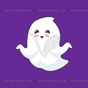 Cartoon kawaii halloween ghost character flying - vector image