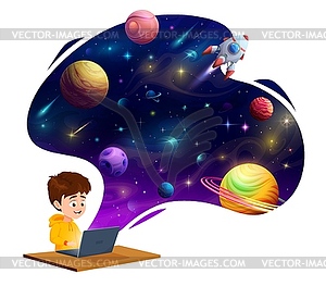 Cartoon boy with laptop dreaming about space - vector clipart