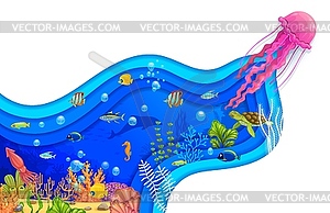 Cartoon jellyfish and sea paper cut landscape - vector clipart