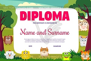 Kids diploma, square animals faces or cartoon zoo - vector clipart