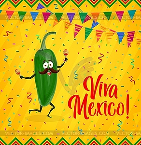 Cartoon jalapeno character. Mexican holiday banner - vector image