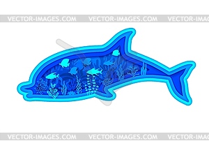 Силуэт дельфина, вырезанный из бумаги, подводный пейзаж - векторный клипарт EPS