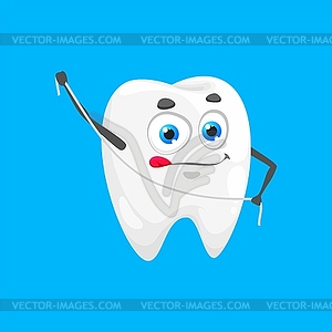 Cheerful cartoon tooth character with dental floss - vector image