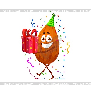 Cartoon almond nut character holding birthday gift - vector image