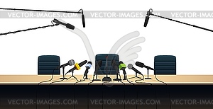 Microphones and press conference interview table - vector clipart