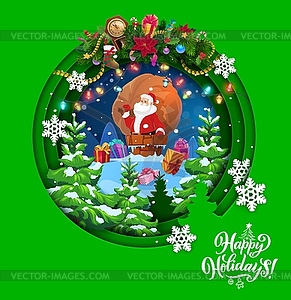 Cartoon Santa with bag on roof christmas paper cut - vector image