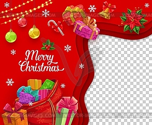 Christmas paper cut banner with holiday gifts bag - vector clipart