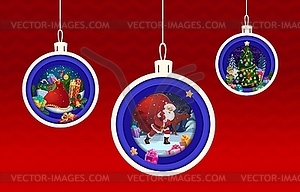 Christmas baubles paper cut with santa, pine - vector image