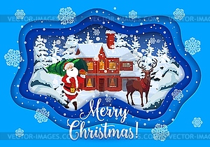 Winter christmas paper cut with santa and reindeer - vector clipart