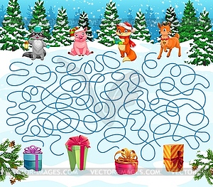 Christmas labyrinth maze help animals find gifts - vector clipart