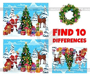 Find ten differences quiz with Christmas character - vector image