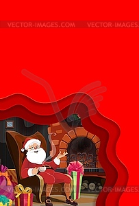Christmas paper cut greeting card santa, fireplace - vector image