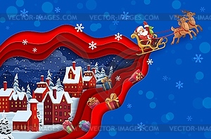 Christmas paper cut banner with Santa sleigh - vector clipart