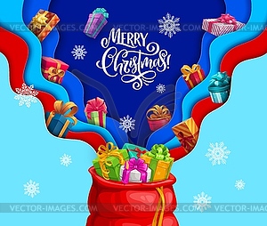 Christmas paper cut banner, gifts and Santa bag - vector image