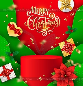 Christmas podium or scene with gifts, 3d stage - vector clip art