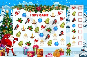 Christmas i spy game worksheet kids riddle - vector image