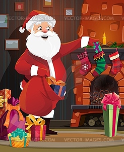 Santa near fireplace puts gifts to stockings - vector clipart