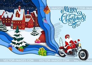 Рождественский Санта, вырезанный из бумаги, на велосипеде и в зимнем городке - стоковый векторный клипарт