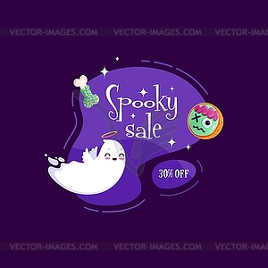 Halloween ghost and festive sweets on amoeba blob - vector image