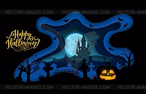 Halloween paper cut with dark castle and cemetery - vector image