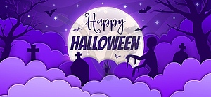 Halloween paper cut banner, mist clouds, zombie - vector clip art