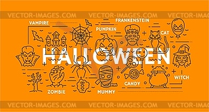 Halloween holiday characters in line art banner - vector clipart
