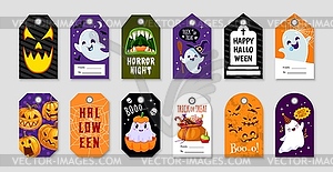 Halloween gift tags, trick or treat pumpkin, ghost - vector image