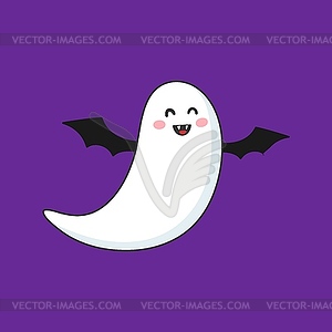Мультяшный кавайный призрак Хэллоуина с крыльями летучей мыши - иллюстрация в векторе
