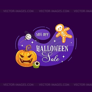 Значок распродажи на Хэллоуин с кавайной праздничной тыквой - векторный эскиз