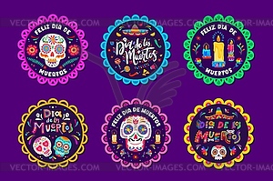 Dia de Los Muertos, Mexican holiday sticker labels - vector image