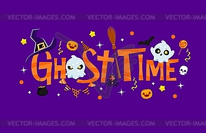 Halloween ghost time banner with witch hat, ghosts - vector clip art