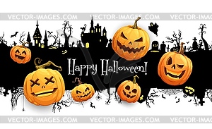 Cartoon Halloween pumpkins, dark castle silhouette - vector clipart