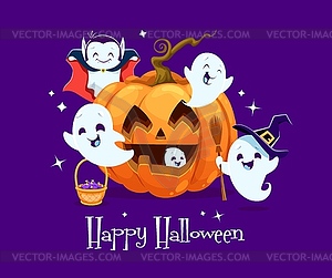 Halloween kawaii ghost characters and pumpkin - vector clipart