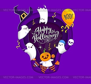 Halloween paper cut skull shape banner with ghosts - vector image