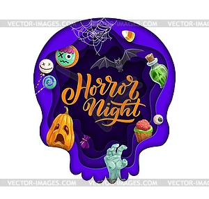 Halloween skull paper cut, holiday sweets, pumpkin - vector clipart