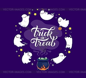 Cartoon kawaii ghosts near Halloween cauldron - vector clipart