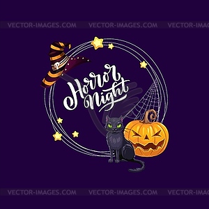 Halloween frame with witch hat, cat and pumpkin - vector clip art