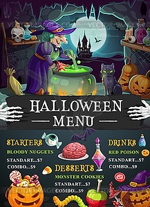 Halloween holiday menu template with spooky witch - vector clipart