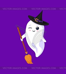 Halloween kawaii ghost donning witch hat and broom - vector image