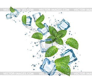 Blue water flow, ice cubes, mint leaves, bubbles - stock vector clipart