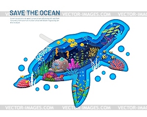 Underwater paper cut sea turtle silhouette, ocean - vector image