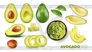 Realistic green ripe raw avocado. Full and cubes - vector image