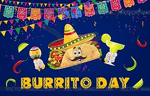 Mexican burrito character in sombrero on party - vector clip art