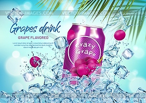 Ice grape drink. Grape berries, palm tree leaves - vector image