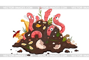 Мультяшные забавные персонажи дождевых червей в компосте - векторный эскиз