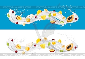 White milk yoghurt drink cream splash with fruits - vector clipart