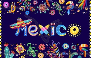 Mexico lettering banner tropical flowers, sombrero - vector clipart