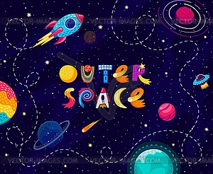 Cartoon kids space background, rocket with trace - vector clipart