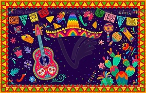 Mexican holiday banner or poster, sombrero, guitar - vector image