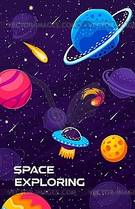 Space landscape poster. Flying ufo saucer, galaxy - vector image